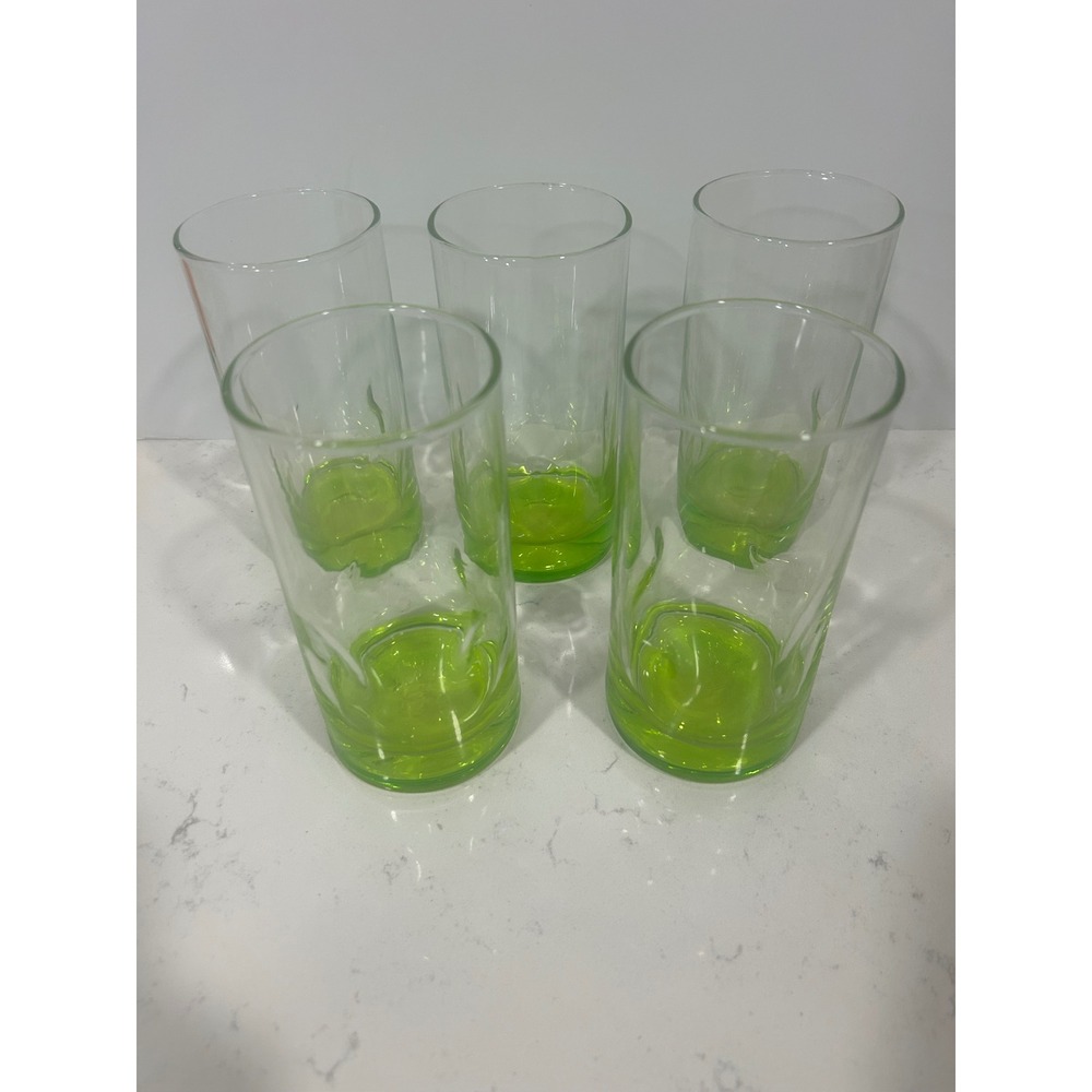 Vintage Set of 5 Green Base Wavy Highball Glasses Lime Green Bottom Tumblers